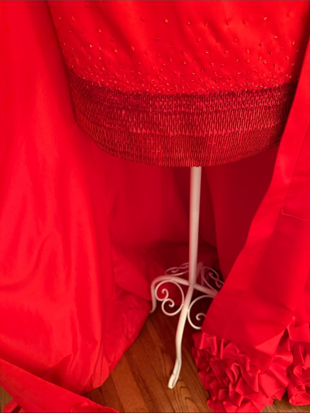 Rachel Allan Red High-Low Evening Gown with Ruffle Train - Picture 5 of 16